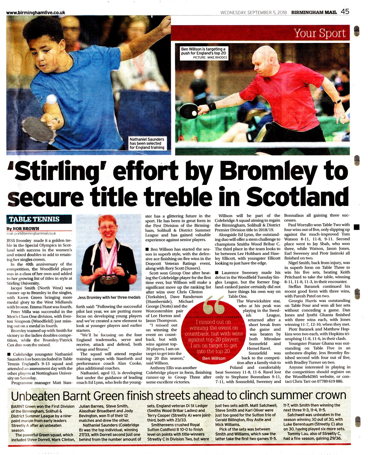 Birmingham Mail September 5th 2018 Colebridge Table Tennis Club